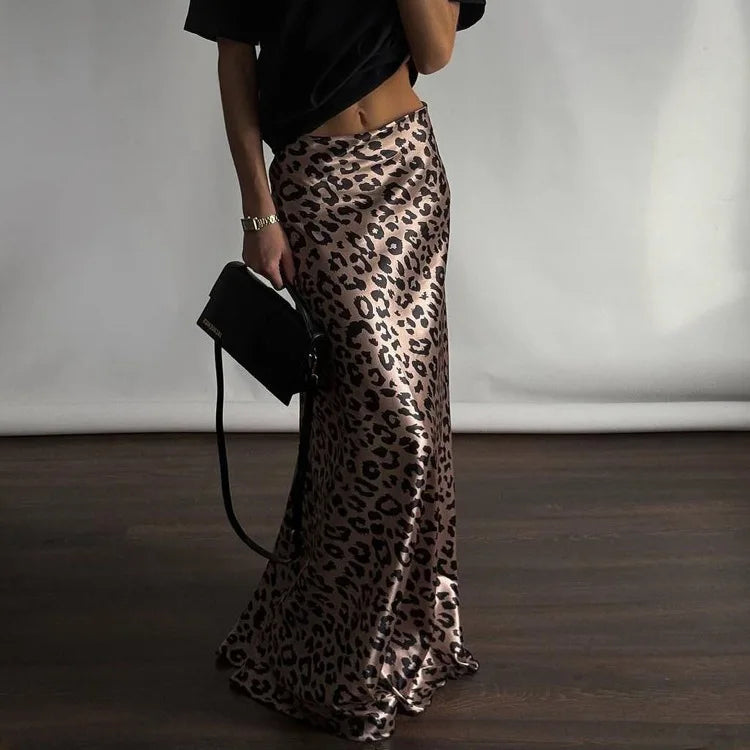 Maxi Skirts- Women Leopard Print Satin Skirt in Mermaid- - Pekosa Women Fashion