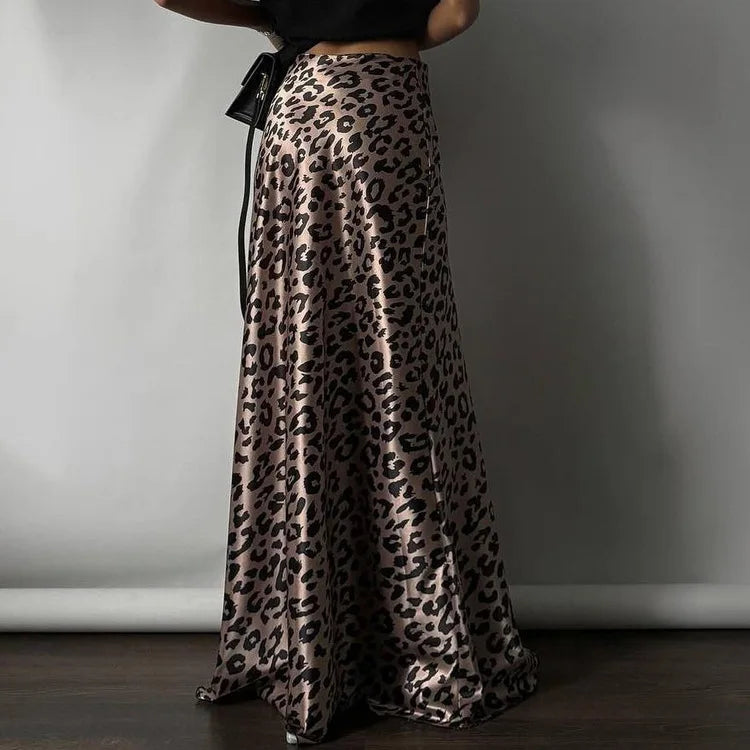 Maxi Skirts- Women Leopard Print Satin Skirt in Mermaid- - Pekosa Women Fashion