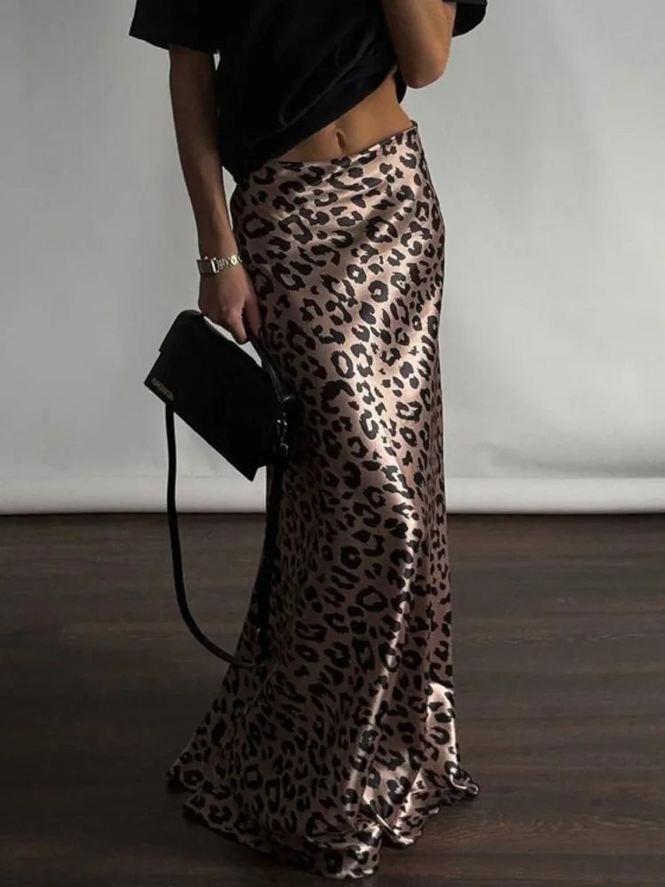 Maxi Skirts- Women Leopard Print Satin Skirt in Mermaid- - Pekosa Women Fashion