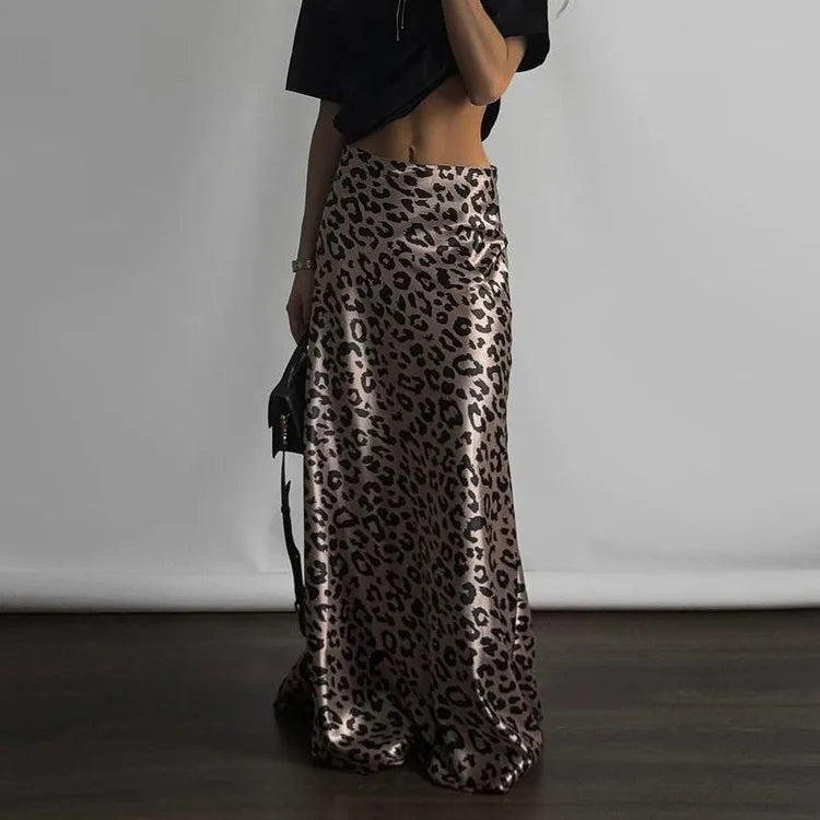 Maxi Skirts- Women Leopard Print Satin Skirt in Mermaid- - Pekosa Women Fashion