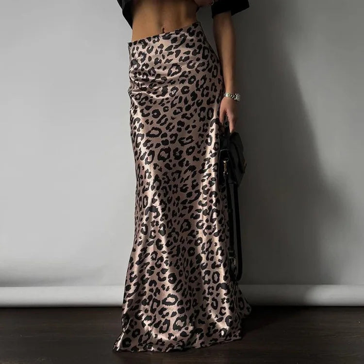 Maxi Skirts- Women Leopard Print Satin Skirt in Mermaid- - Pekosa Women Fashion