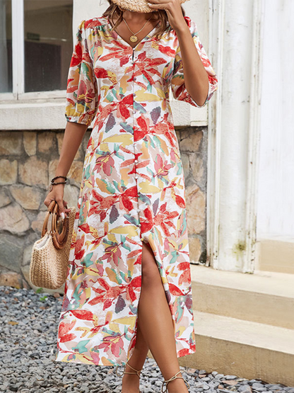 Maxi dresses- Women Colorful Floral Button-Up Cinched Midi Dress- - Pekosa Women Fashion