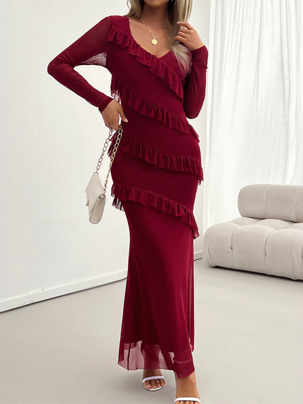 Maxidresses- V-Neck Diagonal Ruffle Layered Formal Maxi Dress