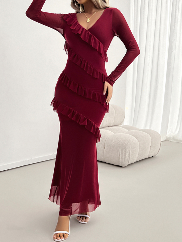 Maxidresses- V-Neck Diagonal Ruffle Layered Formal Maxi Dress