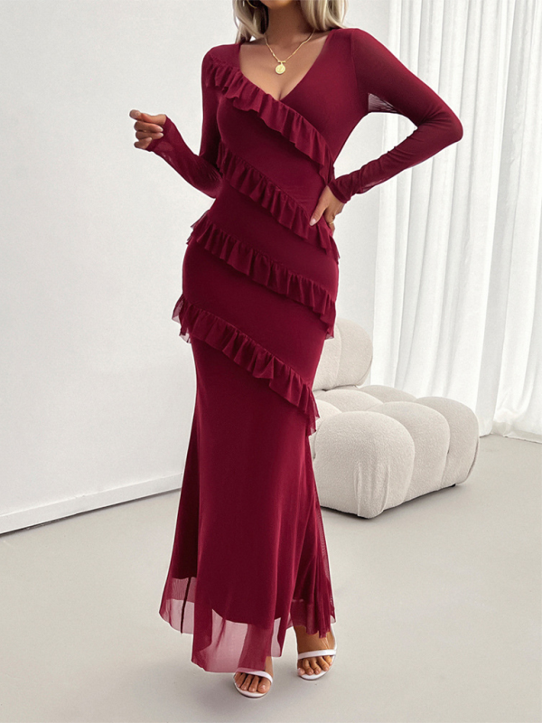 Maxidresses- V-Neck Diagonal Ruffle Layered Formal Maxi Dress