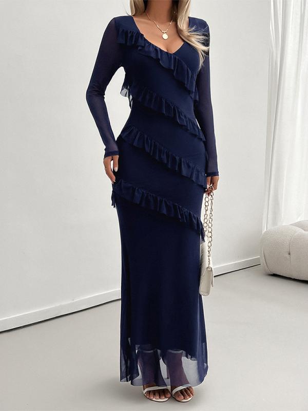 Maxidresses- V-Neck Diagonal Ruffle Layered Formal Maxi Dress