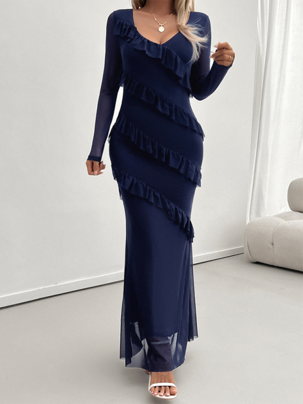 Maxidresses- V-Neck Diagonal Ruffle Layered Formal Maxi Dress