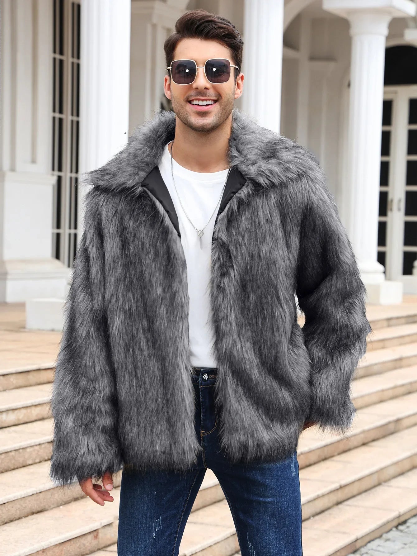 Men Coats- Cold-Weather Fox Look with Men's Faux Fur Coat Jacket- - Pekosa Women Fashion