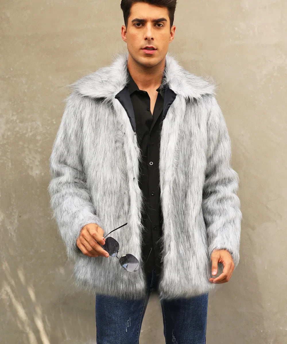 Men Coats- Cold-Weather Fox Look with Men's Faux Fur Coat Jacket- Light Gray- Pekosa Women Fashion