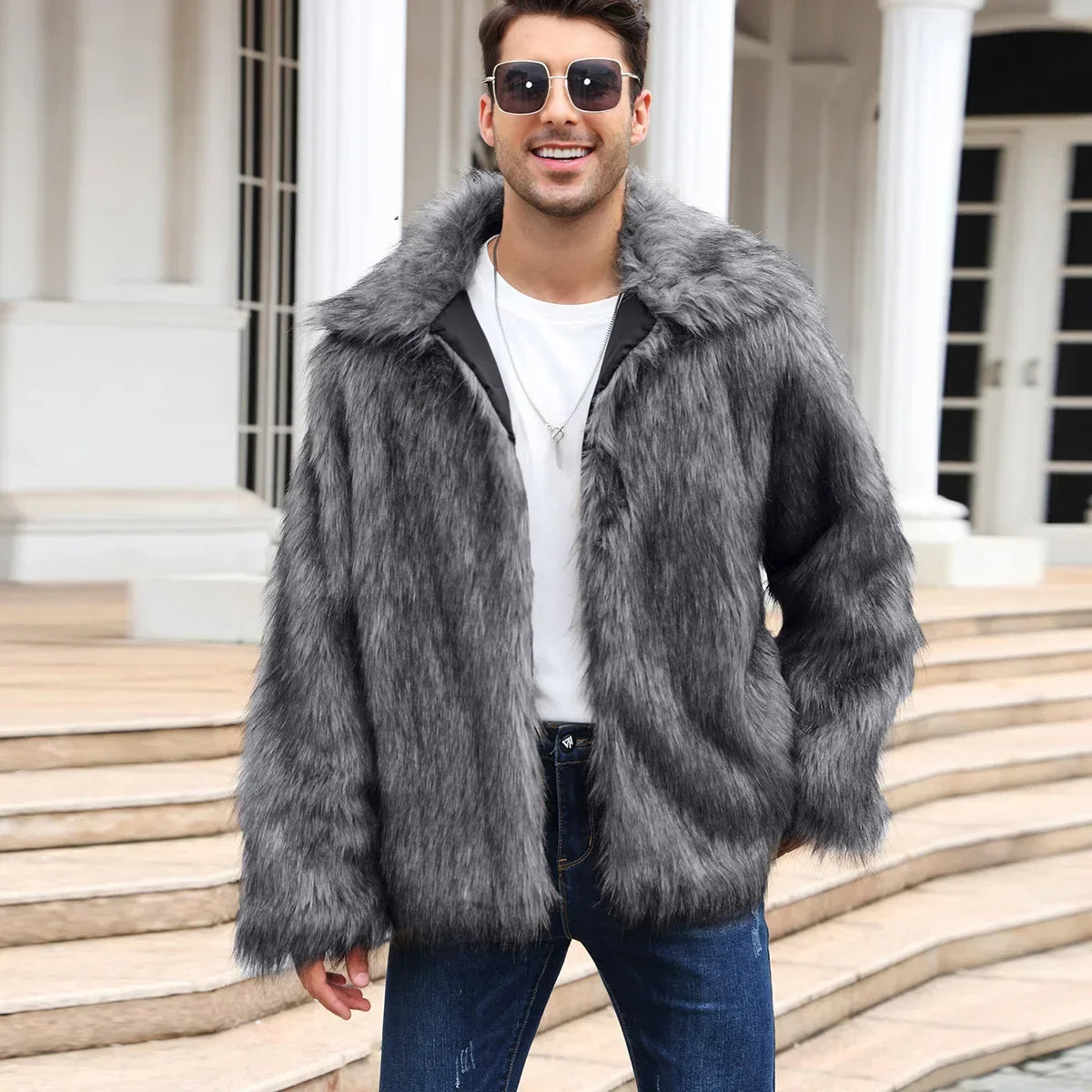 Men Coats- Cold-Weather Fox Look with Men's Faux Fur Coat Jacket- - Pekosa Women Fashion