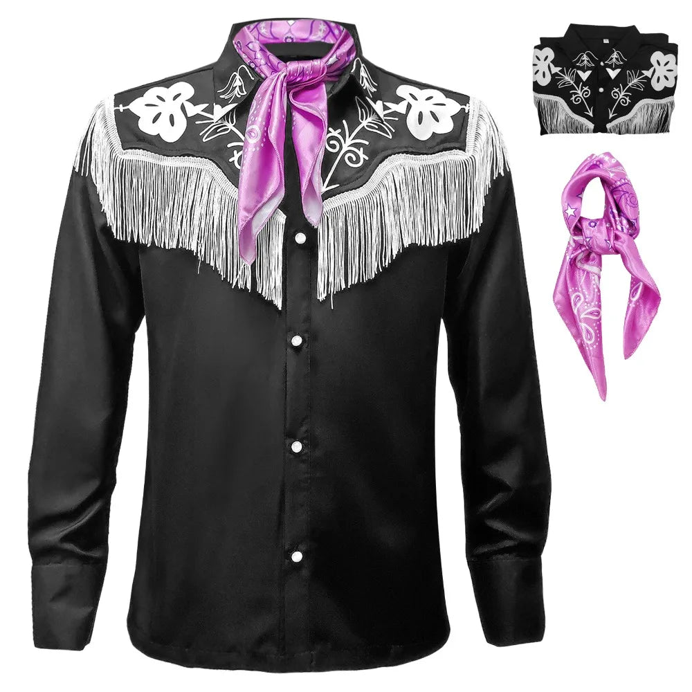 Men Costumes - Western Fringe Cowboy KEN Shirt + Pink Scarf Cosplay Set