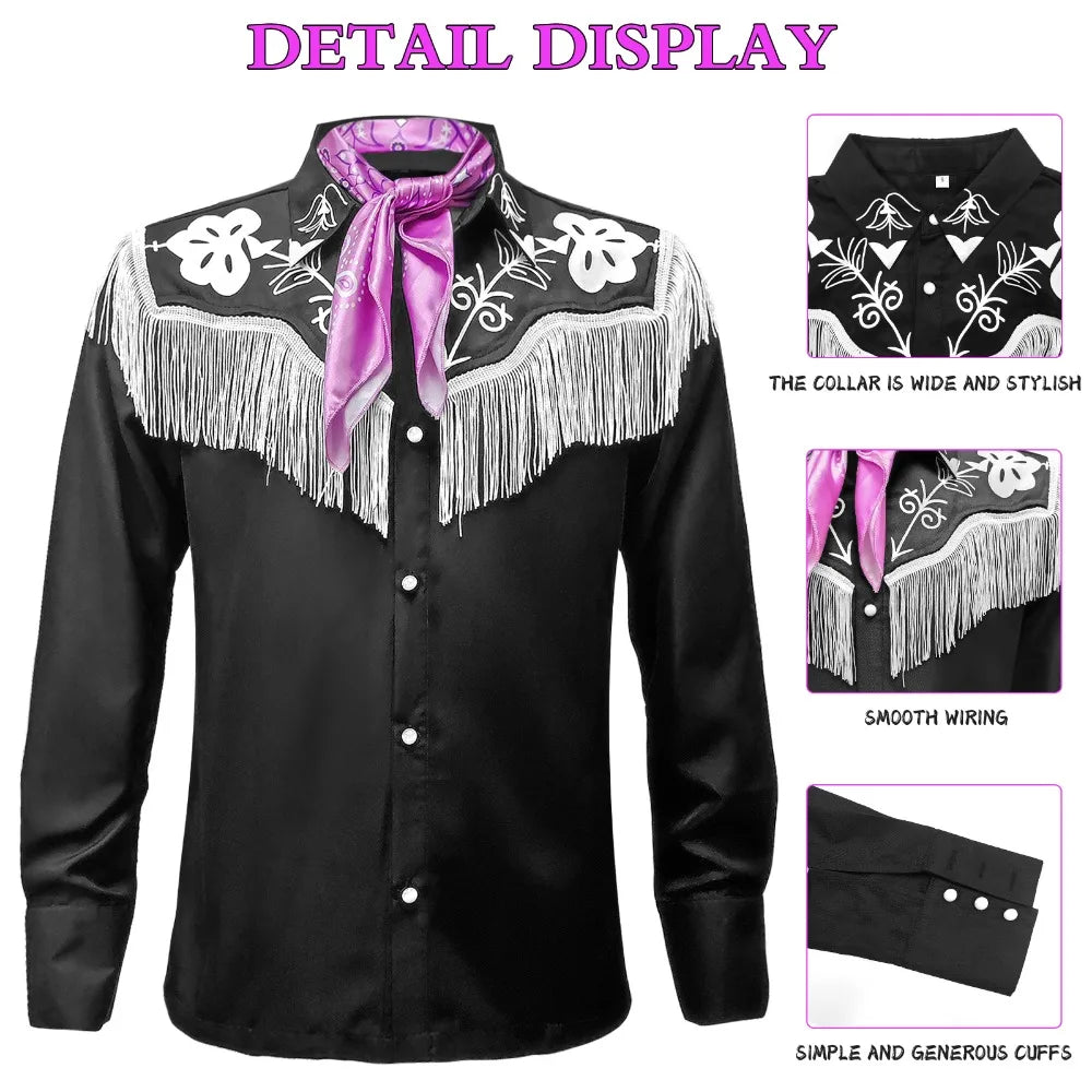 Men Costumes - Western Fringe Cowboy KEN Shirt + Pink Scarf Cosplay Set