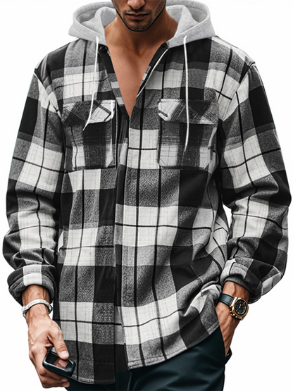 Men Hoodies- Plaid Hoodie Shirt for Men Fall Layering- Grey- Pekosa Women Fashion