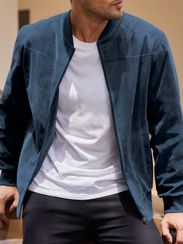 Men Jackets- Men's Like Suede Bomber Jacket- Denim Blue- Pekosa Women Fashion