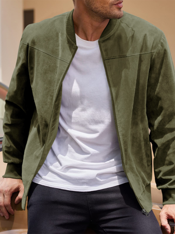 Men Jackets- Men's Like Suede Bomber Jacket- Olive green- Pekosa Women Fashion