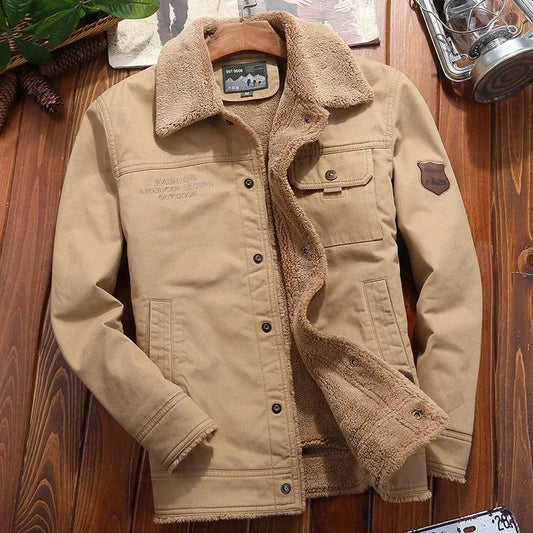 Men Jackets- Men's Rugged Cotton Sherpa-Lined Jacket for Outdoor Adventures- Khaki- Pekosa Women Fashion