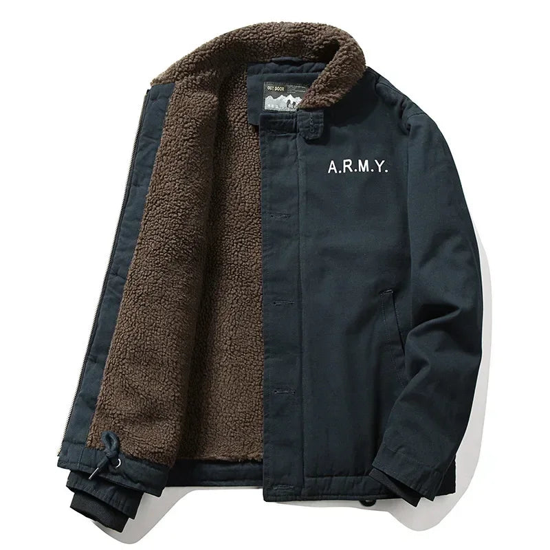 Men Jackets- Men's Sherpa-Lined Army Winter Jacket- Dark Blue- Pekosa Women Fashion