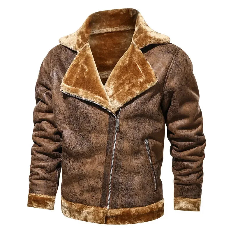 Men Jackets- Men's Vintage Sherpa-Lined Leather Jacket- Brown- Pekosa Women Fashion