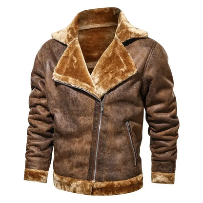 Men Jackets- Men's Vintage Sherpa-Lined Leather Jacket- Brown- Pekosa Women Fashion