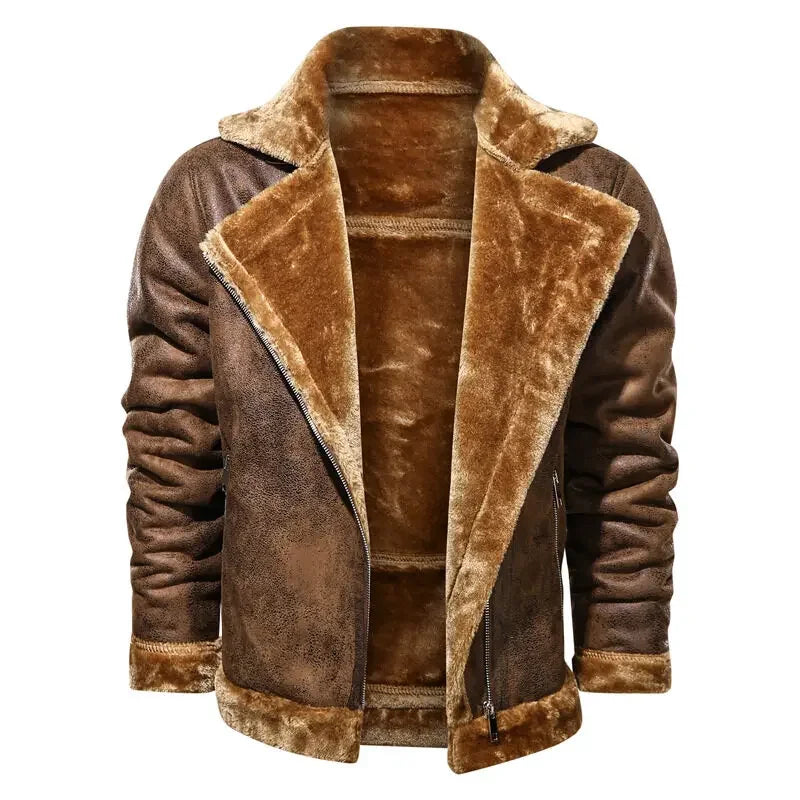 Men Jackets- Men's Vintage Sherpa-Lined Leather Jacket- - Pekosa Women Fashion