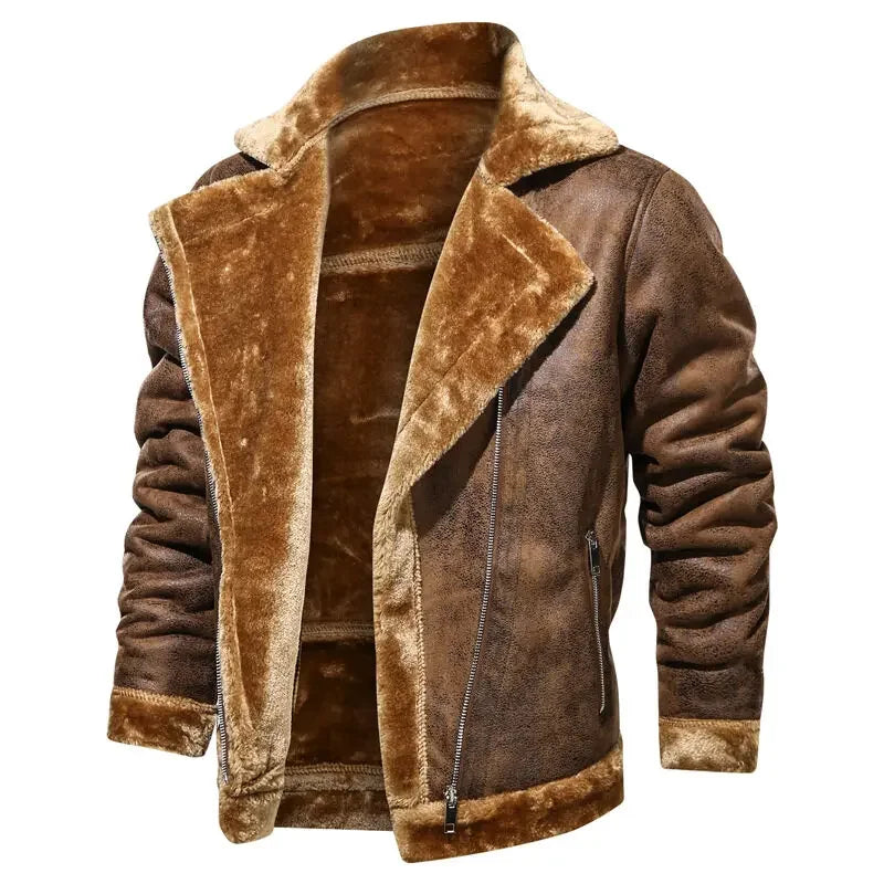 Men Jackets- Men's Vintage Sherpa-Lined Leather Jacket- - Pekosa Women Fashion