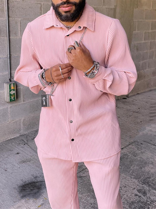 Men Outfits- Men's Corduroy Shirt & Pencil Pants Set for Cozy Style- Pink- Pekosa Women Fashion
