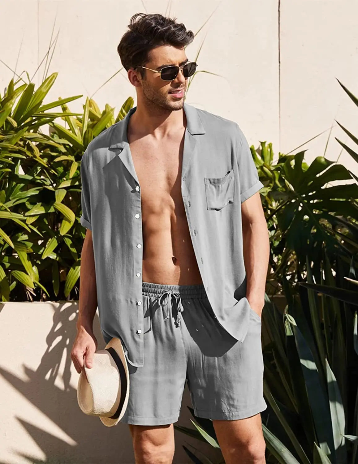 Men Outfits- Men’s Summer Resort Wear - Ideal for Beach & Casual Outings- Gray- Pekosa Women Fashion