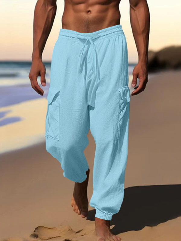 Men Pants- Cotton Joggers Pencil Beach Pants for Men- Clear blue- Pekosa Women Fashion