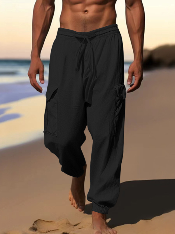 Men Pants- Cotton Joggers Pencil Beach Pants for Men- Black- Pekosa Women Fashion