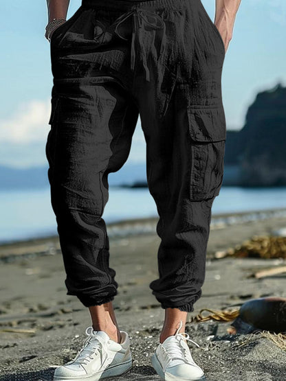 Men Pants- Cotton Joggers for Men Lightweight Beach Pants- Black- Pekosa Women Fashion