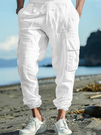 Men Pants- Cotton Joggers for Men Lightweight Beach Pants- White- Pekosa Women Fashion