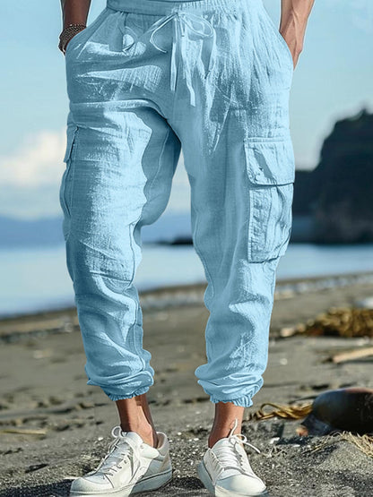 Men Pants- Cotton Joggers for Men Lightweight Beach Pants- Clear blue- Pekosa Women Fashion