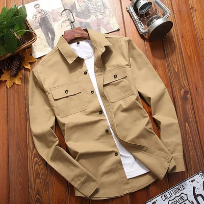 Men Shirts- Adventure Long Sleeve Shirt for Men in Cotton Blend- Khaki- Pekosa Women Fashion