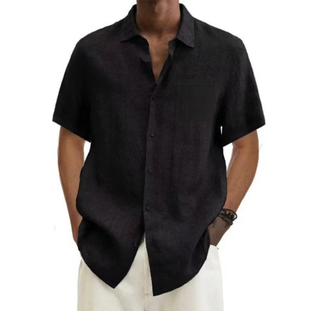 Men Shirts- Classic Linen Button-Up Shirt for Men- black- Chuzko Women Clothing