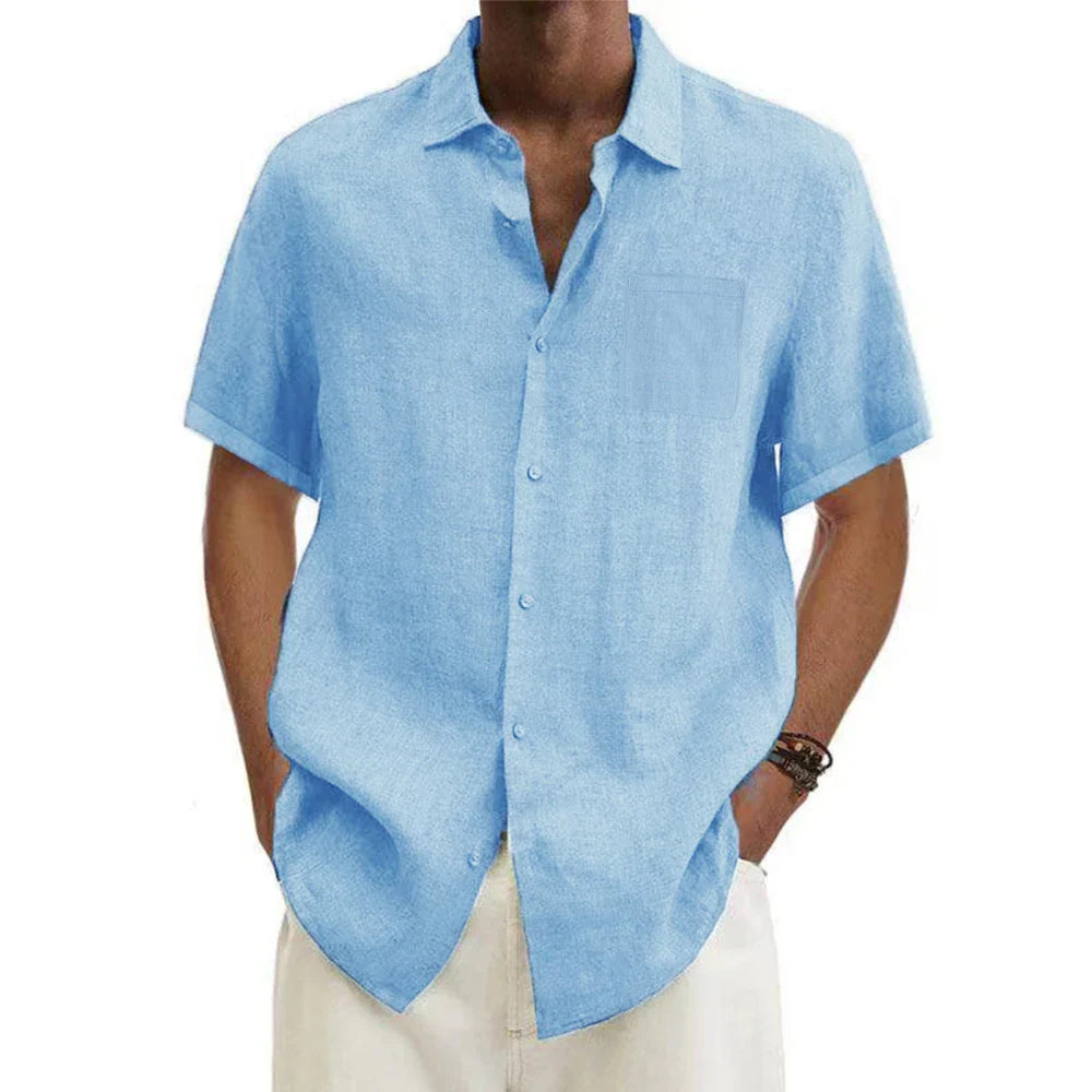 Men Shirts- Classic Linen Button-Up Shirt for Men- blue- Chuzko Women Clothing