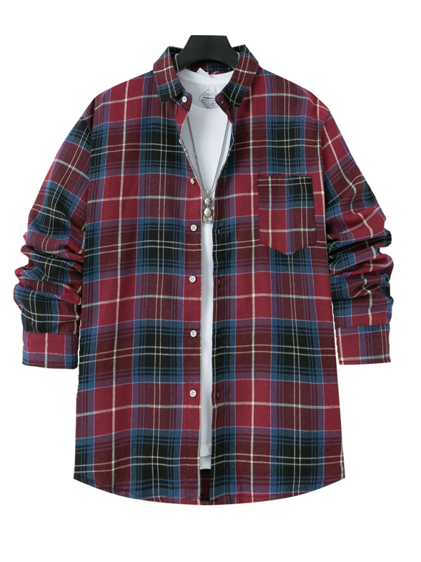 Men Shirts- Classic Men's Plaid Flannel Shirt- Wine Red- Pekosa Women Fashion