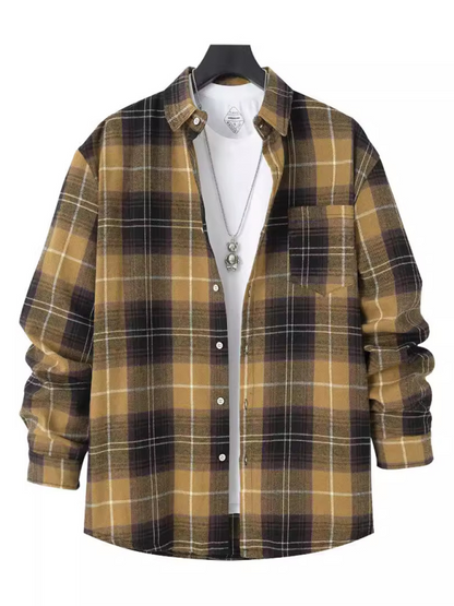 Men Shirts- Classic Men's Plaid Flannel Shirt- Ginger yellow- Pekosa Women Fashion