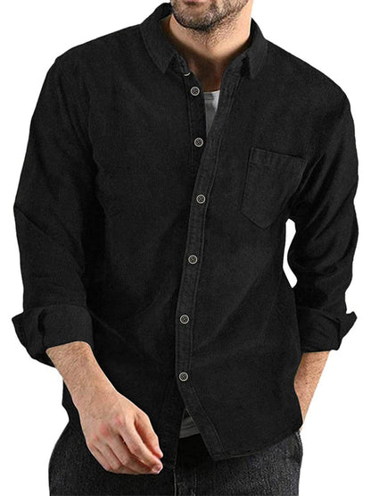 Men Shirts- Corduroy Men's Shirt for Smart-Casual Look- Black- Pekosa Women Fashion