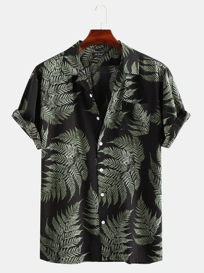 Men Shirts- Men's Cotton Hawaiian Shirt with Notch Lapel- Black- Pekosa Women Fashion