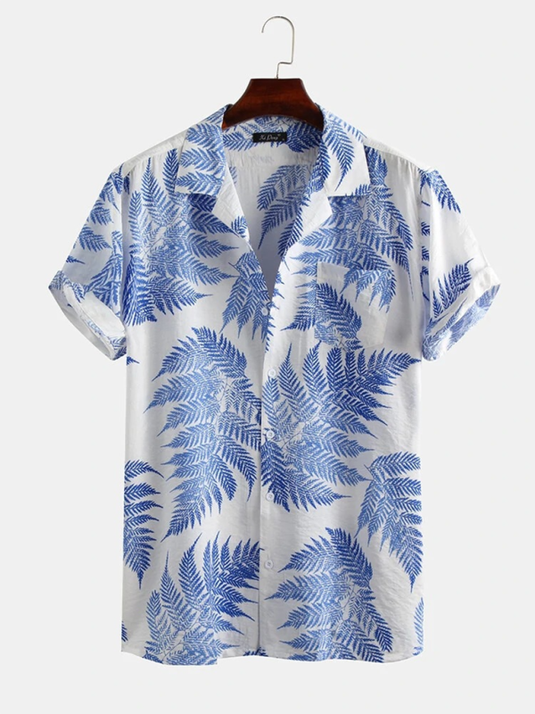 Men Shirts- Men's Cotton Hawaiian Shirt with Notch Lapel- Clear blue- Pekosa Women Fashion