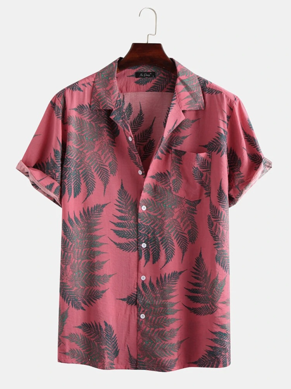 Men Shirts- Men's Cotton Hawaiian Shirt with Notch Lapel- Pink- Pekosa Women Fashion