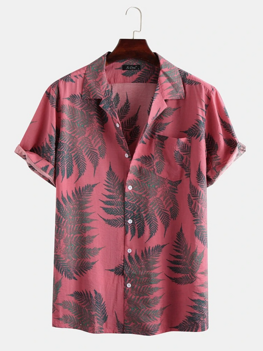Men Shirts- Men's Cotton Hawaiian Shirt with Notch Lapel- Pink- Pekosa Women Fashion