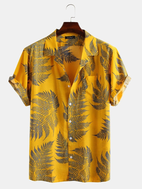 Men Shirts- Men's Cotton Hawaiian Shirt with Notch Lapel- Yellow- Pekosa Women Fashion