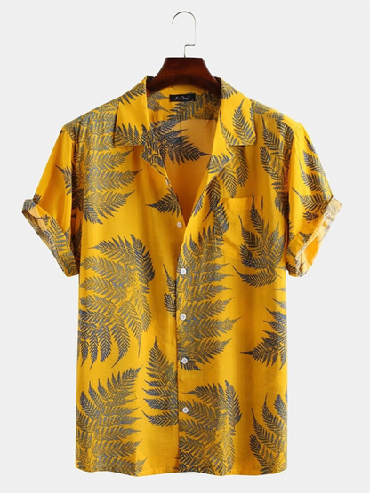 Men Shirts- Men's Cotton Hawaiian Shirt with Notch Lapel- Yellow- Pekosa Women Fashion