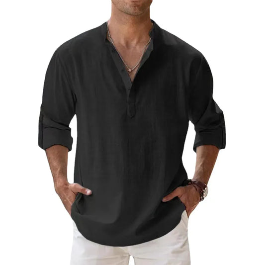 Men Shirts- Linen Blend Shirt for Men's Casual Wear- Black- Pekosa Women Fashion