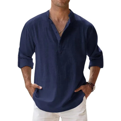 Men Shirts- Linen Blend Shirt for Men's Casual Wear- Navy- Pekosa Women Fashion