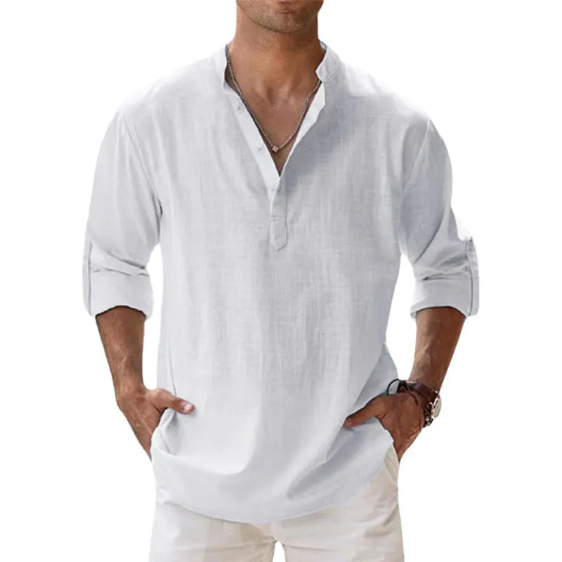 Men Shirts- Linen Blend Shirt for Men's Casual Wear- White- Pekosa Women Fashion