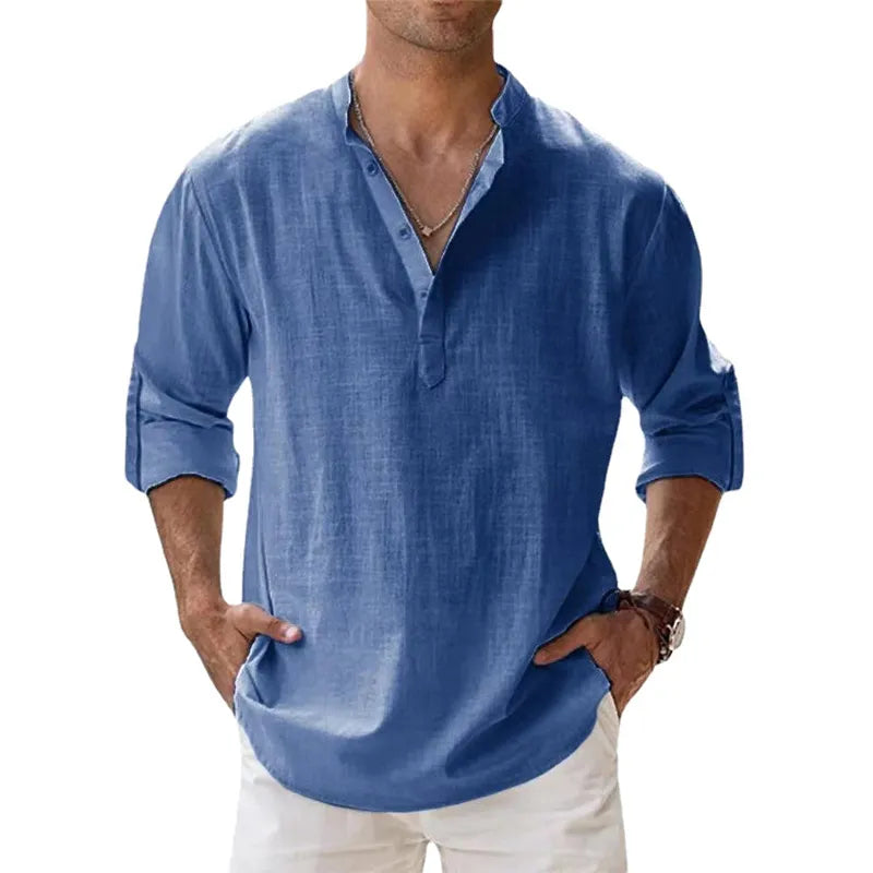 Men Shirts- Linen Blend Shirt for Men's Casual Wear- Denim Blue- Pekosa Women Fashion