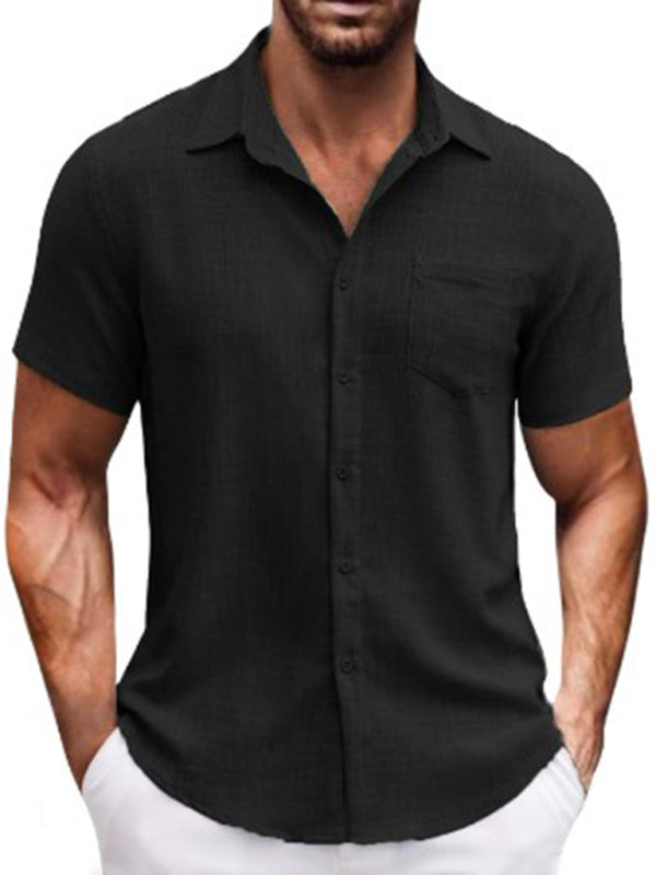 Men Shirts- Men's Linen-Blend Casual Shirt- Black- Pekosa Women Fashion