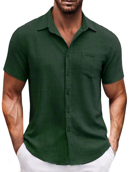 Men Shirts- Men's Linen-Blend Casual Shirt- Green- Pekosa Women Fashion